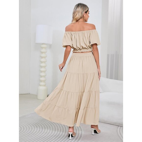 Summer 2 Piece Boho Outfit Women Short Sleeve Off Shoulder Crop Top Max Skirt - Picture 6 of 7